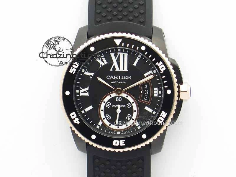 Calibre De Cartier Diver JJF 1:1 Best Edition DLC RG Black Dial On Black Rubber Strap A23J Cozy 6290