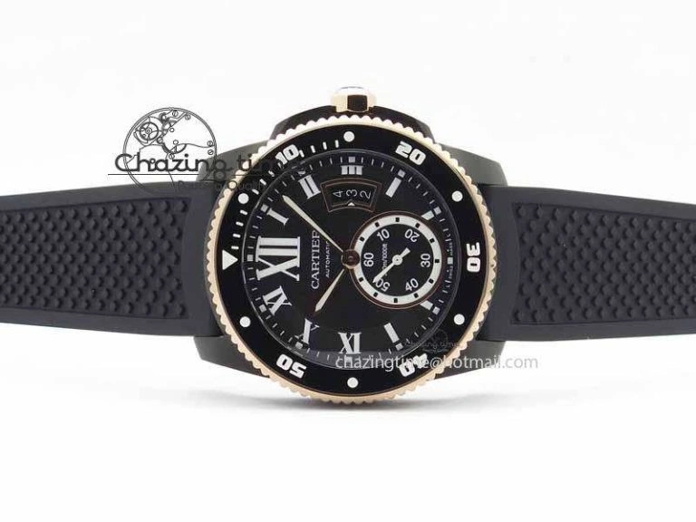 Calibre De Cartier Diver JJF 1:1 Best Edition DLC RG Black Dial On Black Rubber Strap A23J Cozy 6290