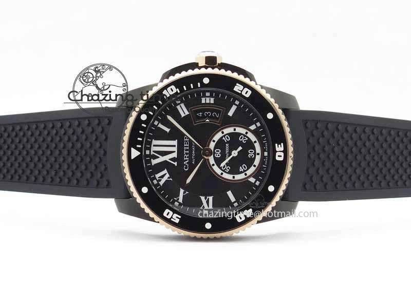 Calibre De Cartier Diver JJF 1:1 Best Edition DLC RG Black Dial On Black Rubber Strap A23J Cozy 6290