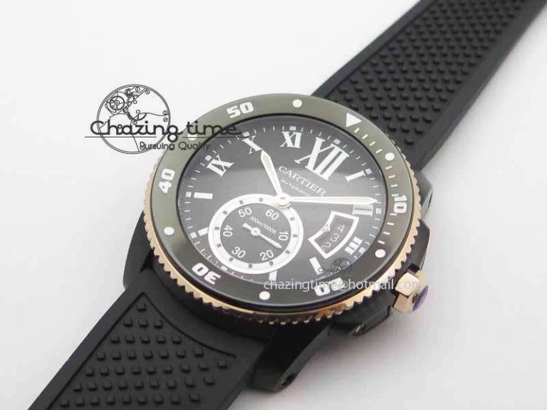 Calibre De Cartier Diver JJF 1:1 Best Edition DLC RG Black Dial On Black Rubber Strap A23J Cozy 6290