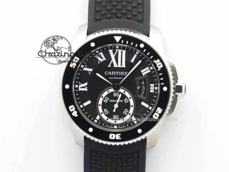 SmartChoice Calibre De Cartier Diver JJF 1:1 Best Edition SS Black Dial On Black Rubber Strap A23J 6293