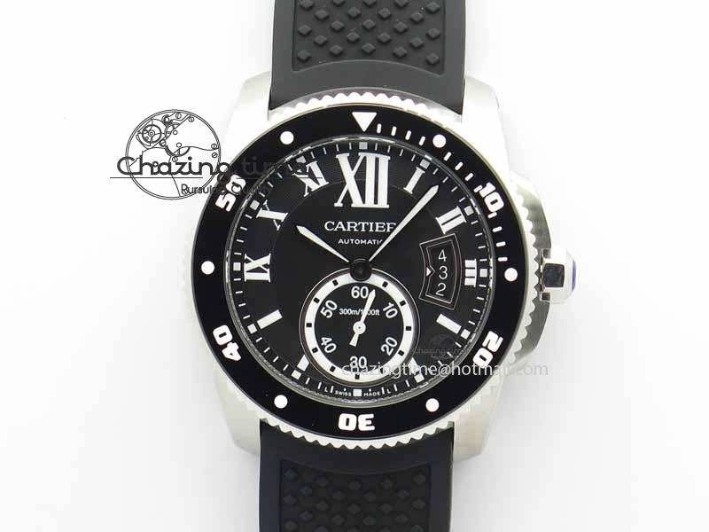 SmartChoice Calibre De Cartier Diver JJF 1:1 Best Edition SS Black Dial On Black Rubber Strap A23J 6293