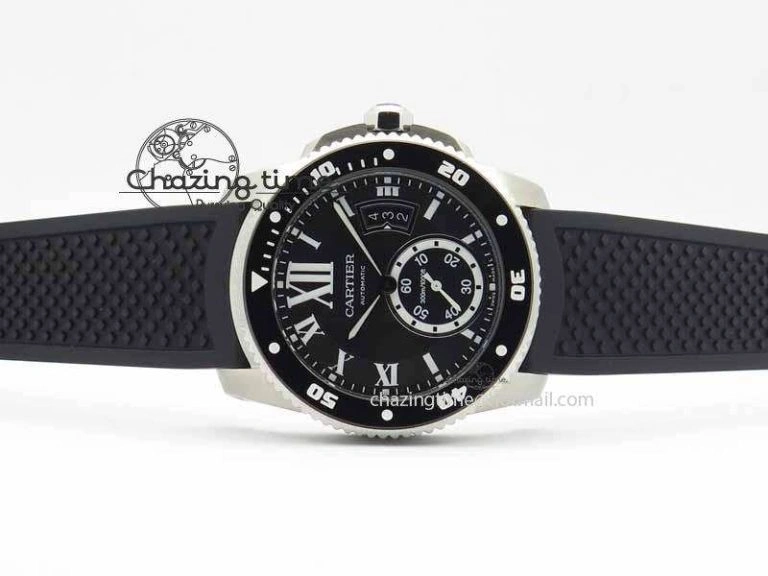 SmartChoice Calibre De Cartier Diver JJF 1:1 Best Edition SS Black Dial On Black Rubber Strap A23J 6293
