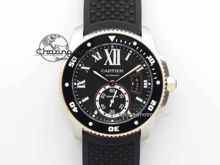 Calibre De Cartier Diver JJF 1:1 Best Edition SS RG Black Dial On Black Rubber Strap A23J Stretchable 6291