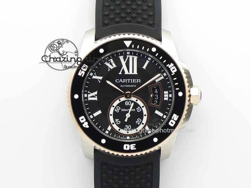 Calibre De Cartier Diver JJF 1:1 Best Edition SS RG Black Dial On Black Rubber Strap A23J Stretchable 6291