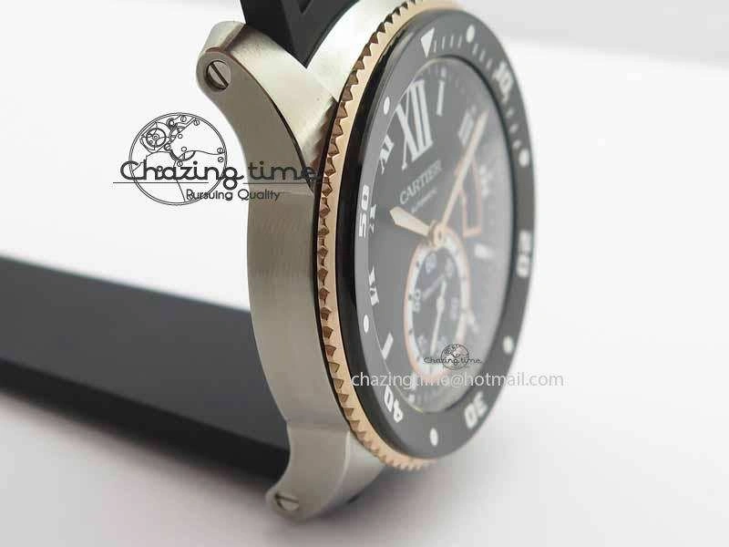 Calibre De Cartier Diver JJF 1:1 Best Edition SS RG Black Dial On Black Rubber Strap A23J Stretchable 6291