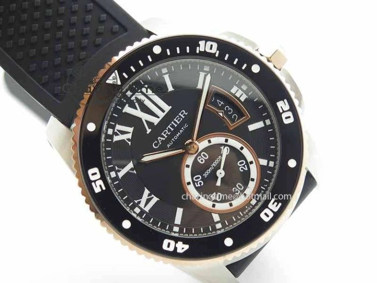 Calibre De Cartier Diver JJF 1:1 Best Edition SS RG Black Dial On Black Rubber Strap A23J Stretchable 6291