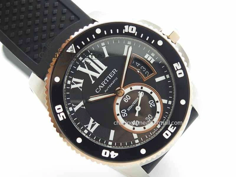 Calibre De Cartier Diver JJF 1:1 Best Edition SS RG Black Dial On Black Rubber Strap A23J Stretchable 6291