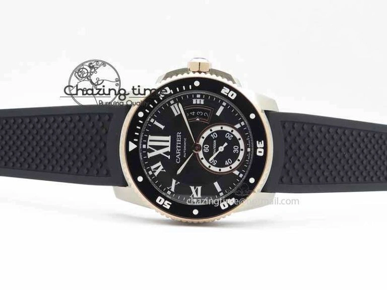 Calibre De Cartier Diver JJF 1:1 Best Edition SS RG Black Dial On Black Rubber Strap A23J Stretchable 6291
