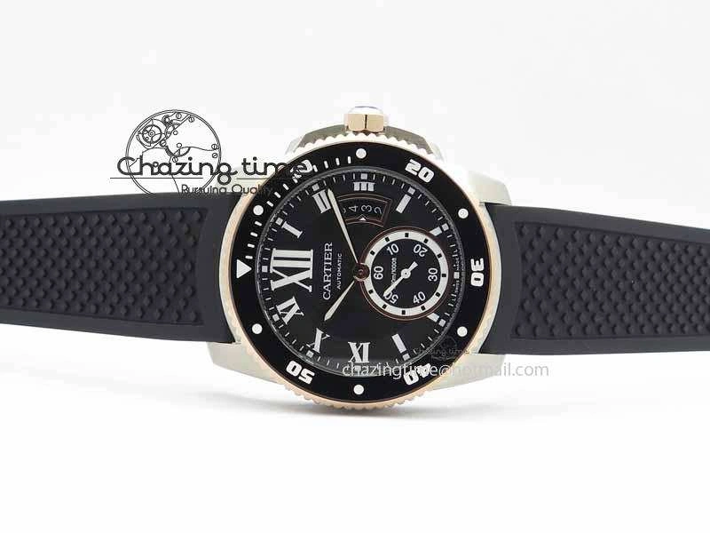Calibre De Cartier Diver JJF 1:1 Best Edition SS RG Black Dial On Black Rubber Strap A23J Stretchable 6291