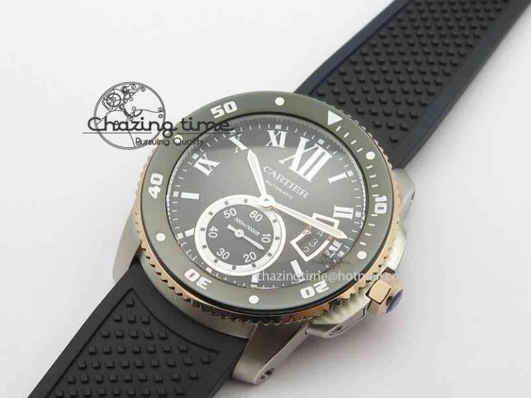 Calibre De Cartier Diver JJF 1:1 Best Edition SS RG Black Dial On Black Rubber Strap A23J Stretchable 6291