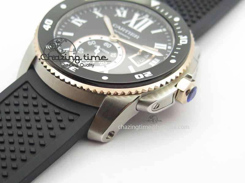 Calibre De Cartier Diver JJF 1:1 Best Edition SS RG Black Dial On Black Rubber Strap A23J Stretchable 6291