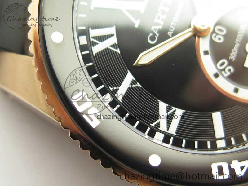 OdorResistant Calibre De Cartier Diver RG Black RG Bezel JF 1:1 Best Edition On Black Rubber Strap A23J 6238