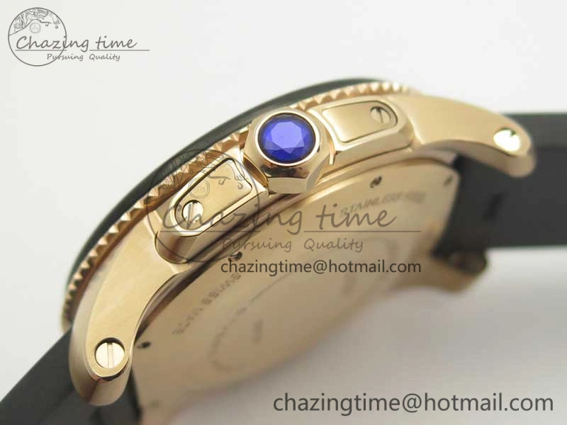 OdorResistant Calibre De Cartier Diver RG Black RG Bezel JF 1:1 Best Edition On Black Rubber Strap A23J 6238