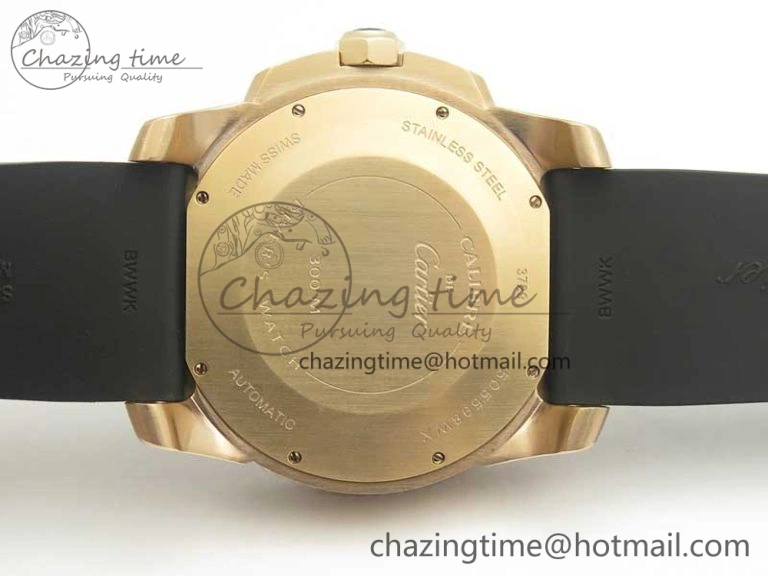 OdorResistant Calibre De Cartier Diver RG Black RG Bezel JF 1:1 Best Edition On Black Rubber Strap A23J 6238