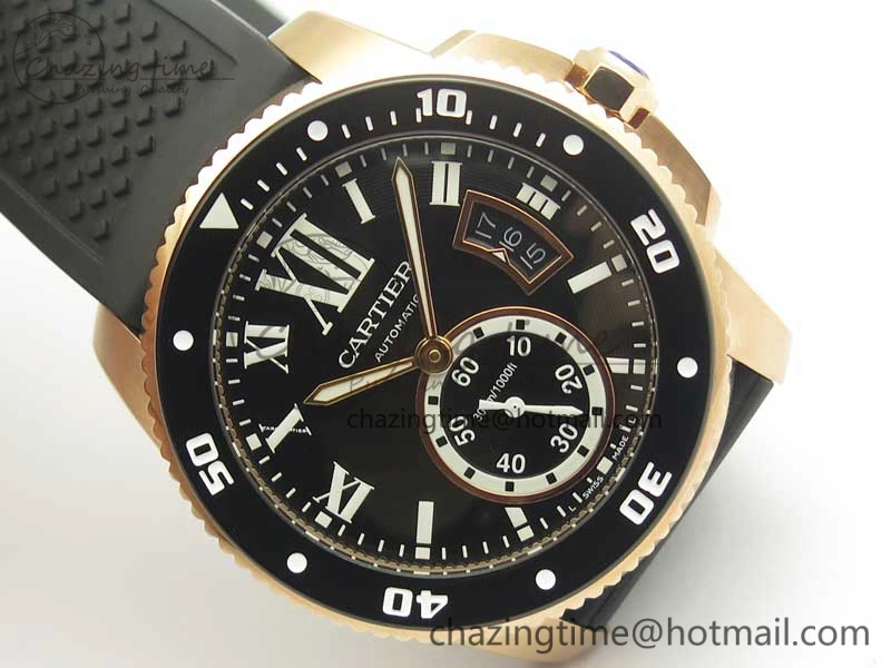 OdorResistant Calibre De Cartier Diver RG Black RG Bezel JF 1:1 Best Edition On Black Rubber Strap A23J 6238