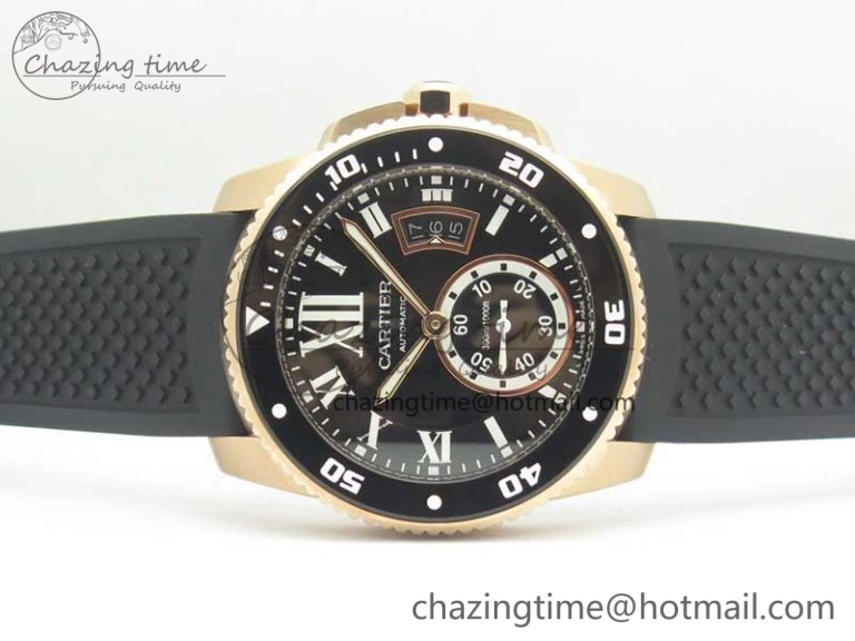 OdorResistant Calibre De Cartier Diver RG Black RG Bezel JF 1:1 Best Edition On Black Rubber Strap A23J 6238