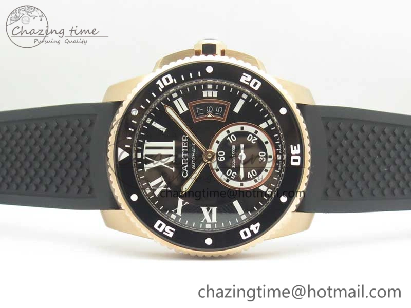 OdorResistant Calibre De Cartier Diver RG Black RG Bezel JF 1:1 Best Edition On Black Rubber Strap A23J 6238