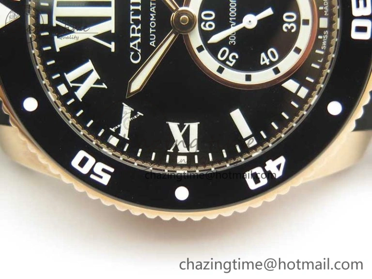 OdorResistant Calibre De Cartier Diver RG Black RG Bezel JF 1:1 Best Edition On Black Rubber Strap A23J 6238
