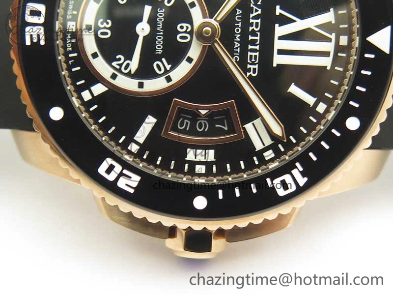 OdorResistant Calibre De Cartier Diver RG Black RG Bezel JF 1:1 Best Edition On Black Rubber Strap A23J 6238