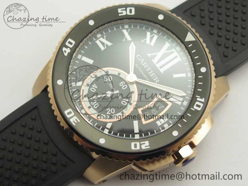 OdorResistant Calibre De Cartier Diver RG Black RG Bezel JF 1:1 Best Edition On Black Rubber Strap A23J 6238