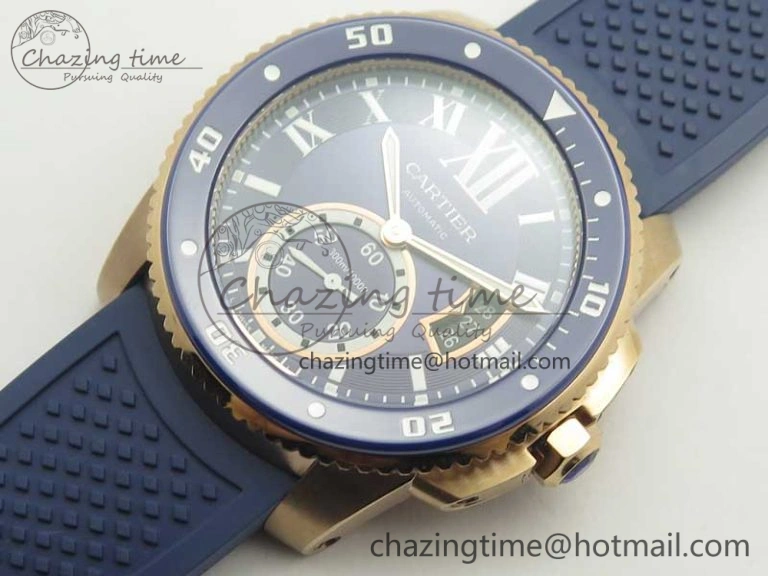Calibre De Cartier Diver RG Blue RG Bezel JF 1:1 Best Edition On Blue Rubber Strap A23J OdorResistant 6239