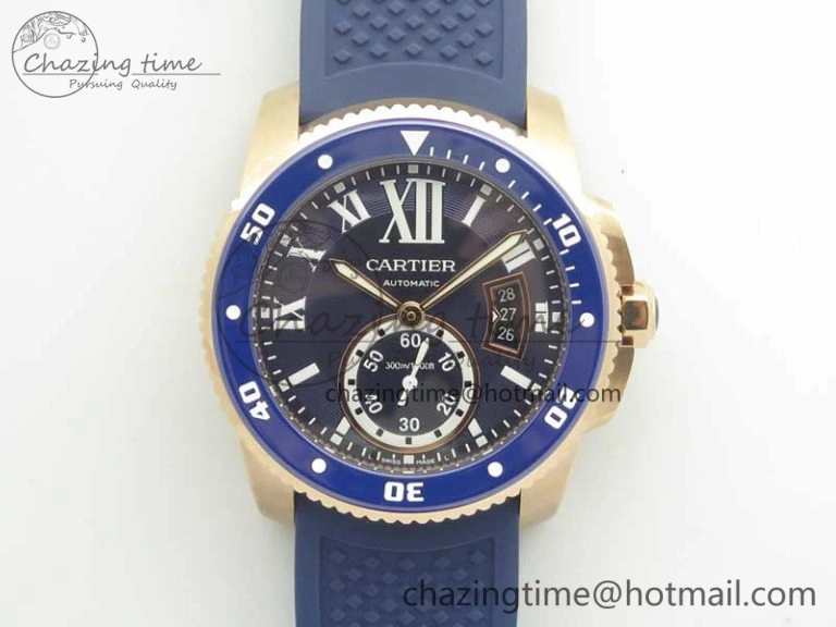 Calibre De Cartier Diver RG Blue RG Bezel JF 1:1 Best Edition On Blue Rubber Strap A23J OdorResistant 6239