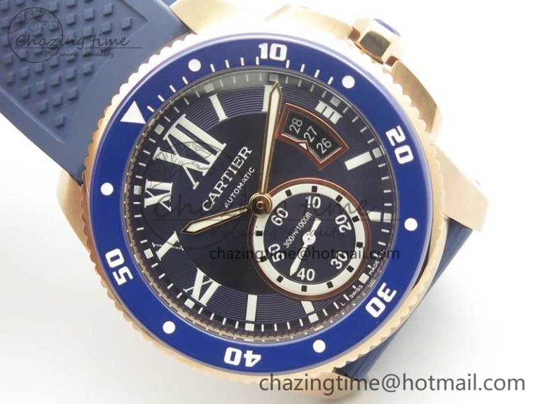 Calibre De Cartier Diver RG Blue RG Bezel JF 1:1 Best Edition On Blue Rubber Strap A23J OdorResistant 6239