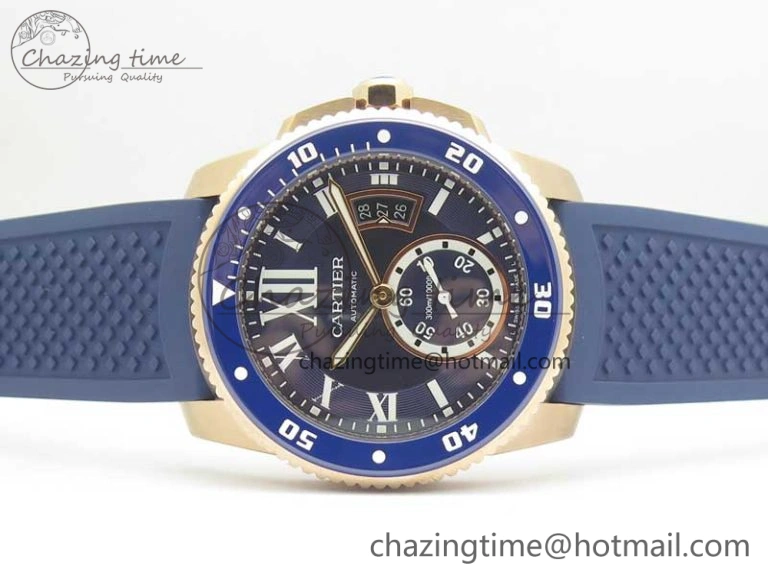 Calibre De Cartier Diver RG Blue RG Bezel JF 1:1 Best Edition On Blue Rubber Strap A23J OdorResistant 6239