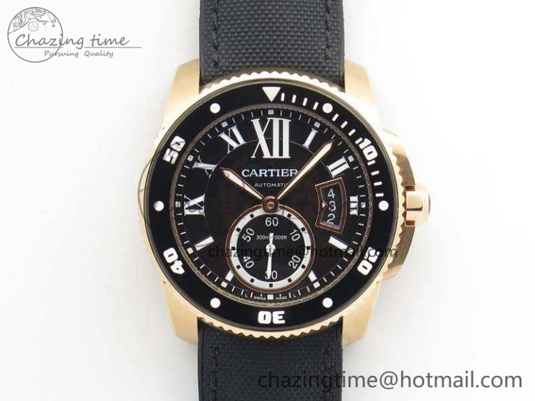 Calibre De Cartier Diver TF 1:1 Best Edition RG Black Dial On Nylon Black Rubber Strap A23J Neat 6278
