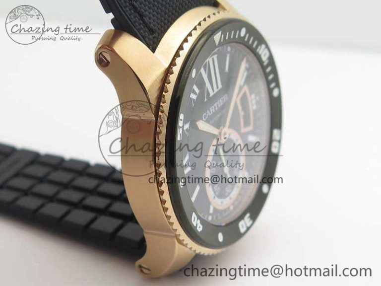 Calibre De Cartier Diver TF 1:1 Best Edition RG Black Dial On Nylon Black Rubber Strap A23J Neat 6278