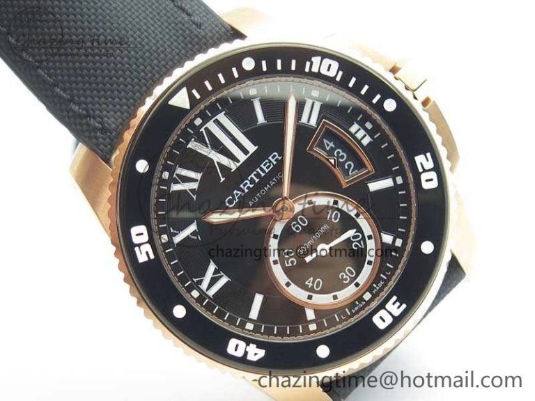 Calibre De Cartier Diver TF 1:1 Best Edition RG Black Dial On Nylon Black Rubber Strap A23J Neat 6278