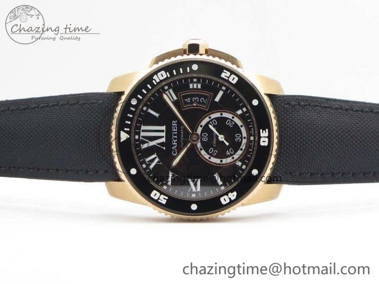 Calibre De Cartier Diver TF 1:1 Best Edition RG Black Dial On Nylon Black Rubber Strap A23J Neat 6278