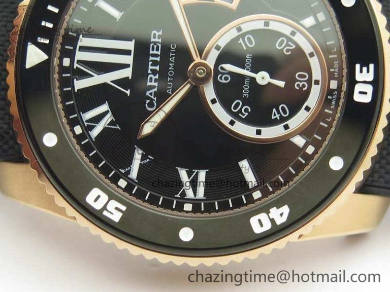 Calibre De Cartier Diver TF 1:1 Best Edition RG Black Dial On Nylon Black Rubber Strap A23J Neat 6278
