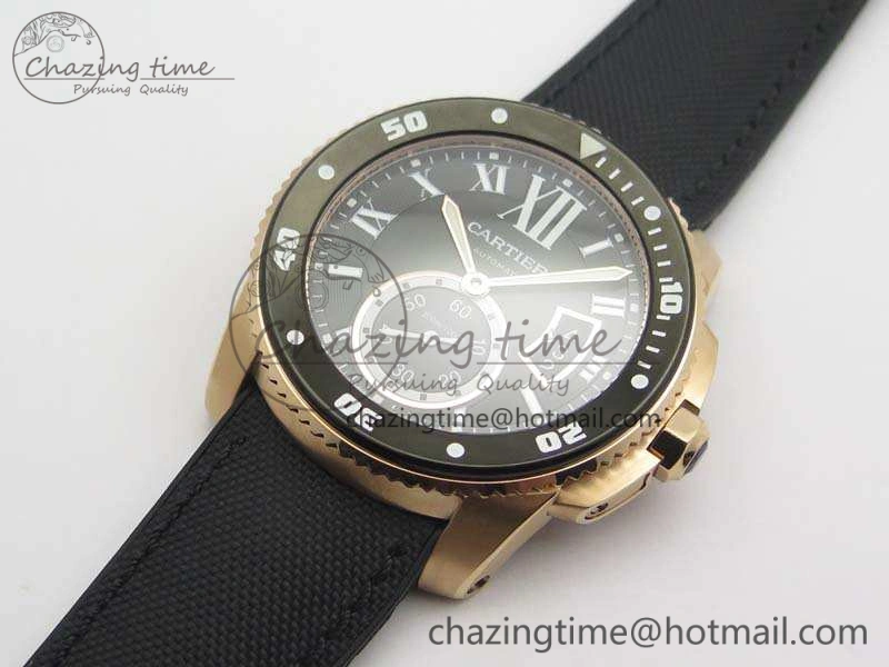 Calibre De Cartier Diver TF 1:1 Best Edition RG Black Dial On Nylon Black Rubber Strap A23J Neat 6278
