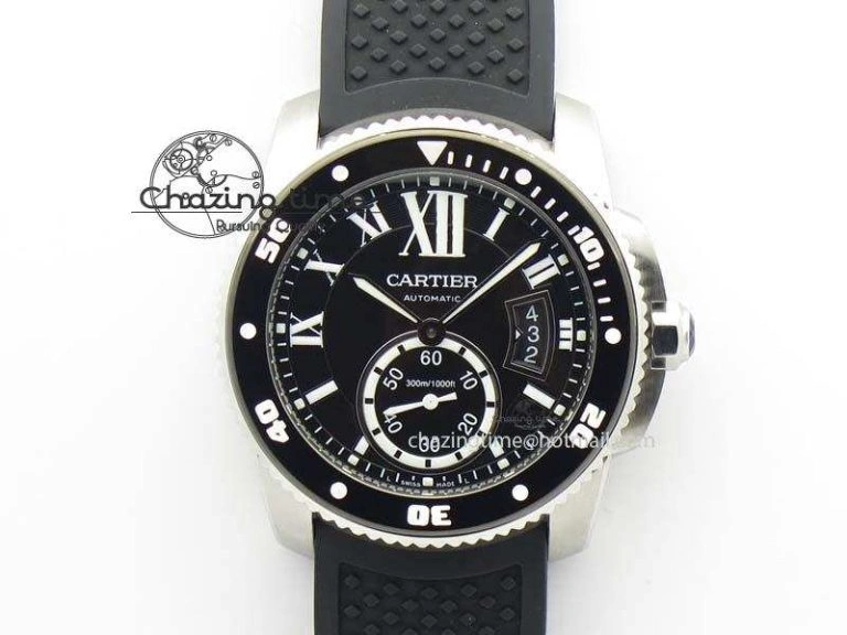 Calibre De Cartier Diver TF 1:1 Best Edition SS Black Dial On Black Rubber Strap A23J TravelReady 6323