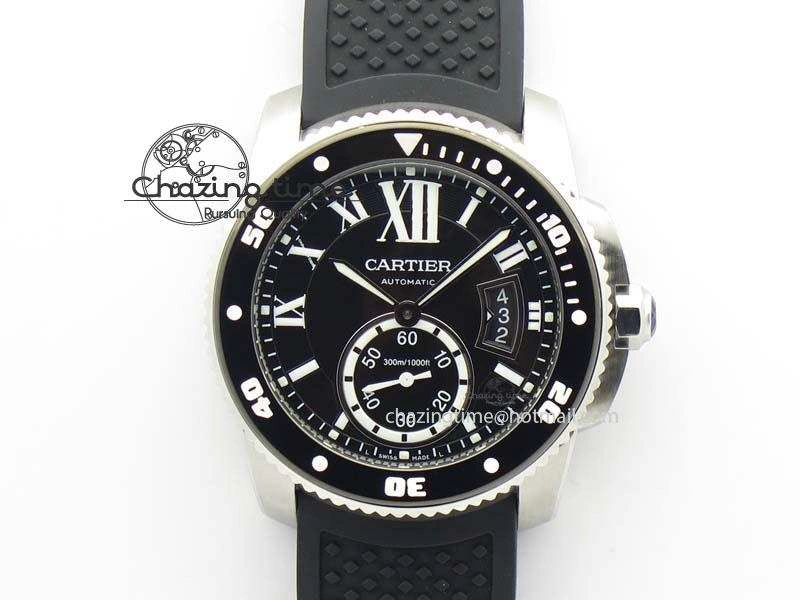 Calibre De Cartier Diver TF 1:1 Best Edition SS Black Dial On Black Rubber Strap A23J TravelReady 6323