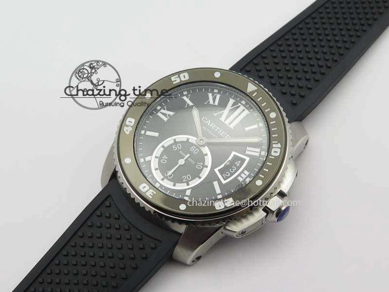 Calibre De Cartier Diver TF 1:1 Best Edition SS Black Dial On Black Rubber Strap A23J TravelReady 6323