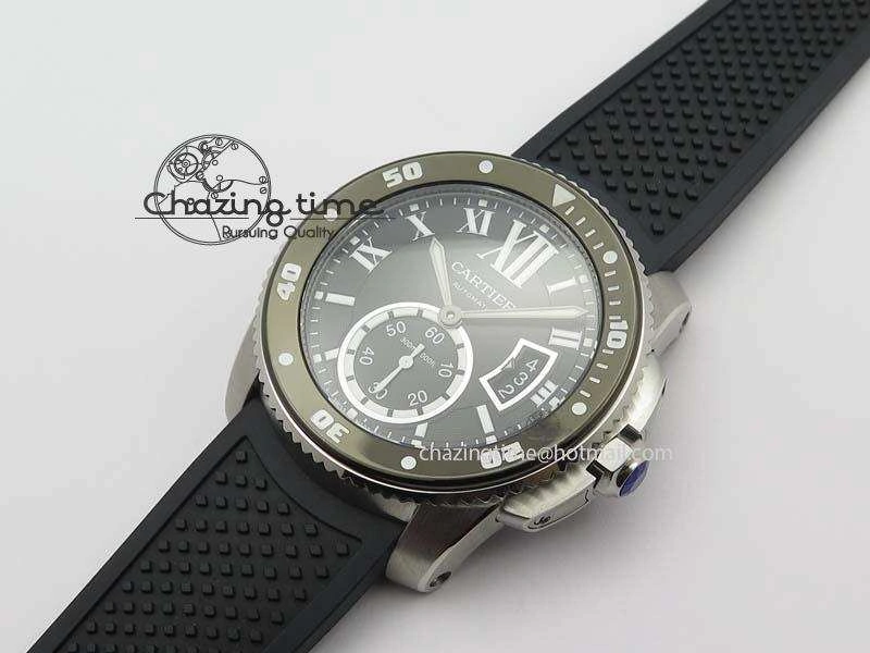 Calibre De Cartier Diver TF 1:1 Best Edition SS Black Dial On Black Rubber Strap A23J TravelReady 6323