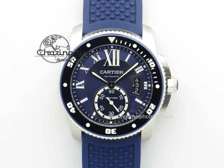 Fashionable Calibre De Cartier Diver TF 1:1 Best Edition SS Blue Dial On Blue Rubber Strap A23J 6324