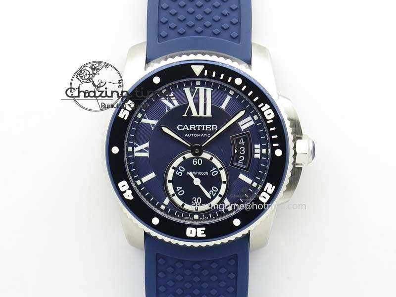Fashionable Calibre De Cartier Diver TF 1:1 Best Edition SS Blue Dial On Blue Rubber Strap A23J 6324