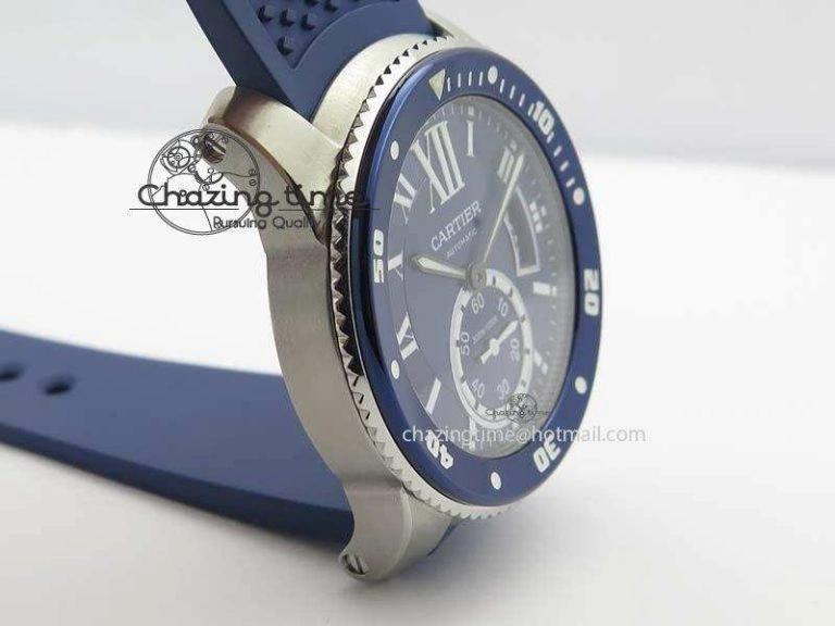 Fashionable Calibre De Cartier Diver TF 1:1 Best Edition SS Blue Dial On Blue Rubber Strap A23J 6324