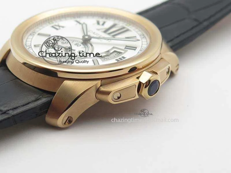 Trendy Calibre De Cartier RG JF Best Edition White Dial On Black Leather Strap A23J 6316