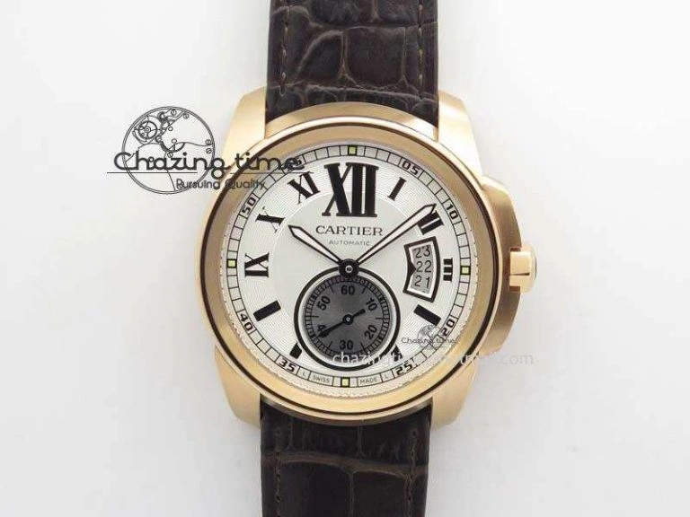Modern Calibre De Cartier RG JF Best Edition White Dial On Brown Leather Strap A23J 6315