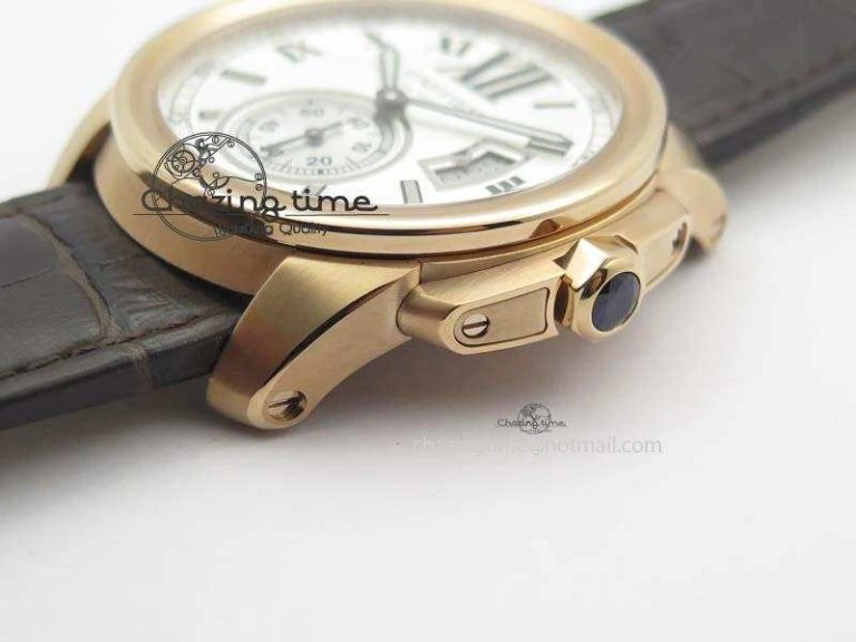 Modern Calibre De Cartier RG JF Best Edition White Dial On Brown Leather Strap A23J 6315