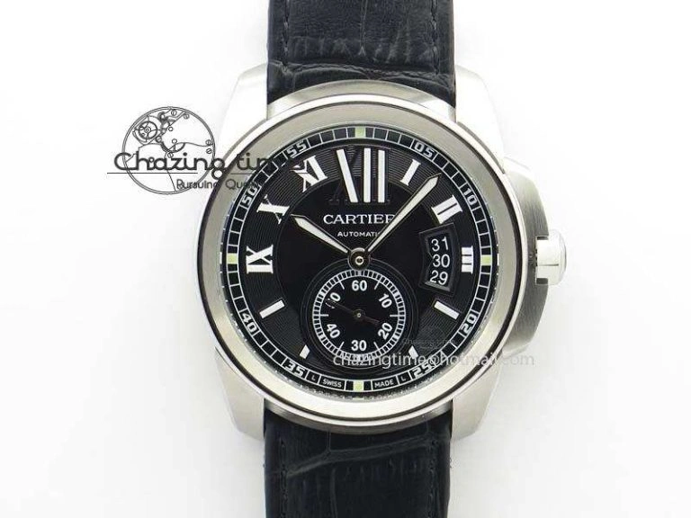 Trendsetting Calibre De Cartier SS JF Best Edition Black Dial On Black Leather Strap A23J 6314
