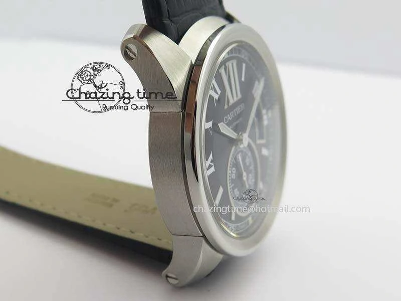 Trendsetting Calibre De Cartier SS JF Best Edition Black Dial On Black Leather Strap A23J 6314