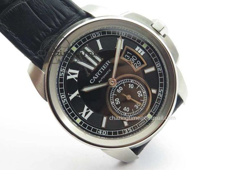 Trendsetting Calibre De Cartier SS JF Best Edition Black Dial On Black Leather Strap A23J 6314