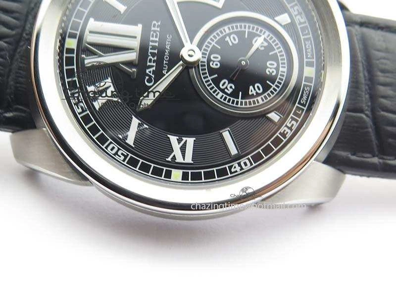 Trendsetting Calibre De Cartier SS JF Best Edition Black Dial On Black Leather Strap A23J 6314