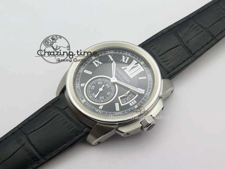 Trendsetting Calibre De Cartier SS JF Best Edition Black Dial On Black Leather Strap A23J 6314